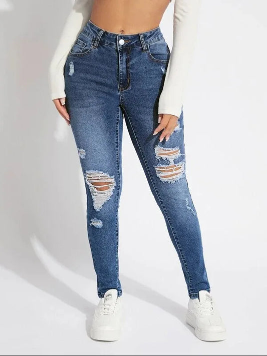 Amy Fashion - Stretch Skinny High Waist Ripped Butt Lifting Casual Slim Denim Jean
