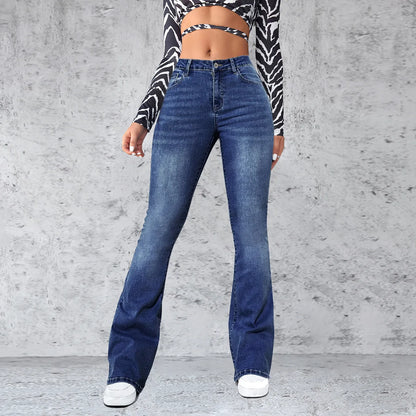 Amy Fashion - Stretch Slim Retro High Waist Stitched Washed Bell-Bottom Denim Jean