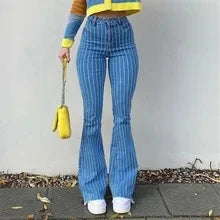 Amy Fashion - Stretch Women Flare Lady Vintage Blue Striped Plaid Hips Wrap High Waist Lady Streetwear Y2K Punk Denim Jean