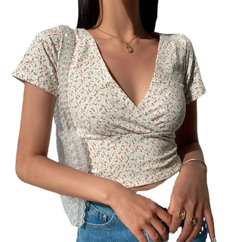 AMY - French Retro Floral V-neck Slim T-shirt Crop Top