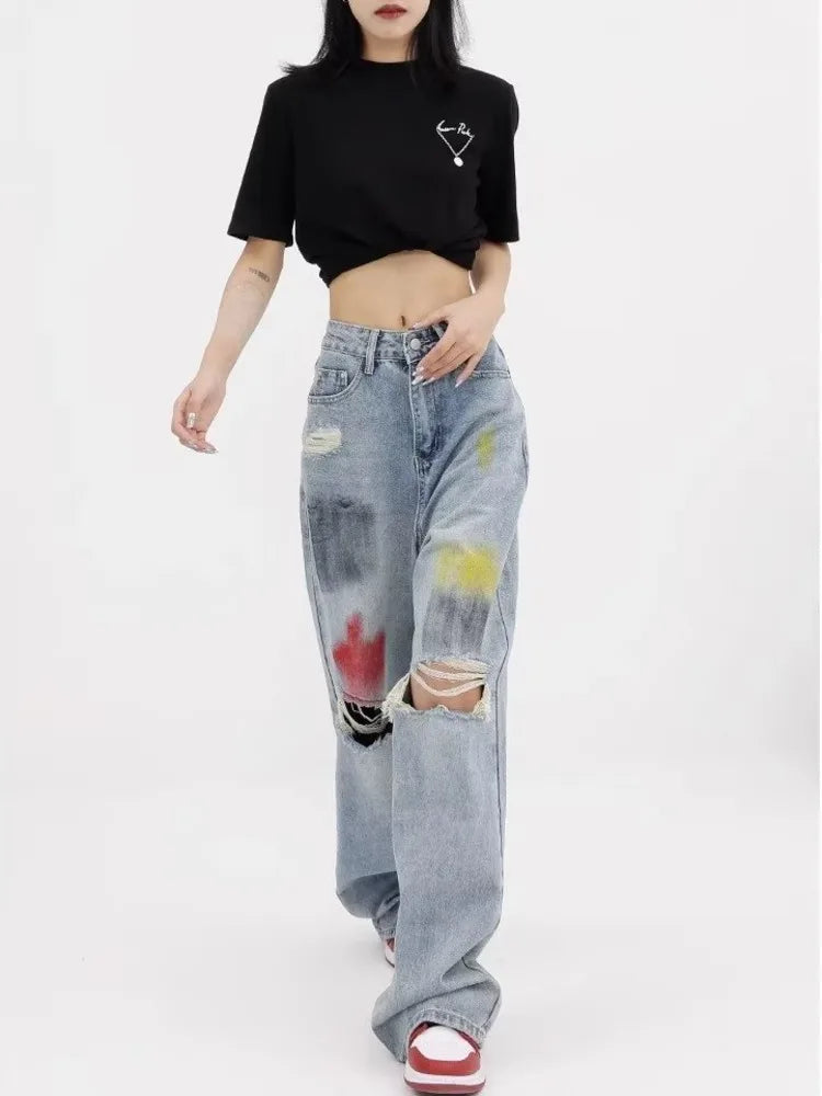 Amy Fashion - Summer Graffiti Blue Wash Hole New Floor Slam Straight Leg Jean