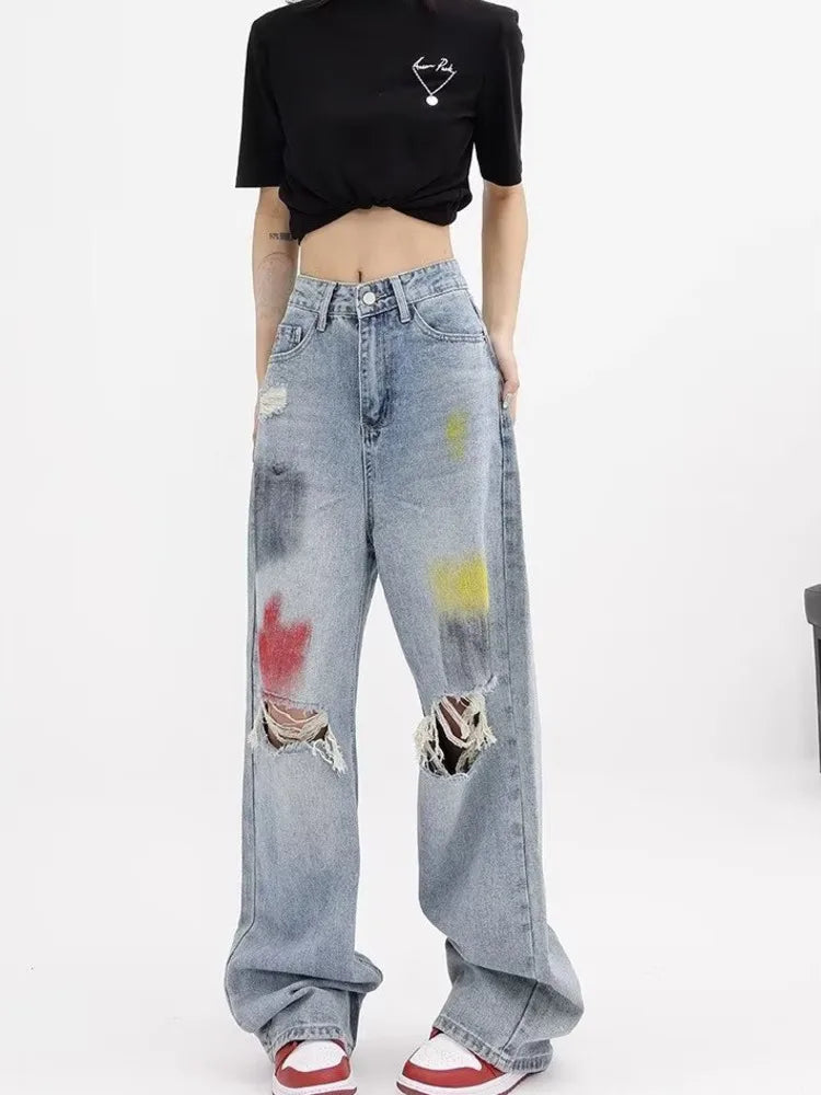 Amy Fashion - Summer Graffiti Blue Wash Hole New Floor Slam Straight Leg Jean