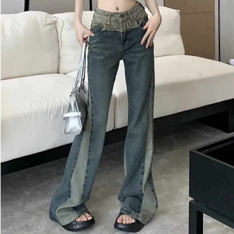 Amy Fashion - New Splice Slim Raglan Spice Girls High Waist Design Sense Small Public Show Thin Flare Jean