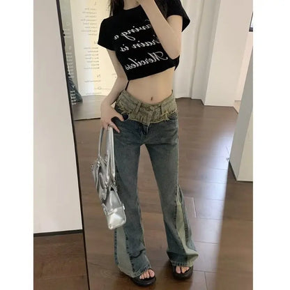 Amy Fashion - New Splice Slim Raglan Spice Girls High Waist Design Sense Small Public Show Thin Flare Jean