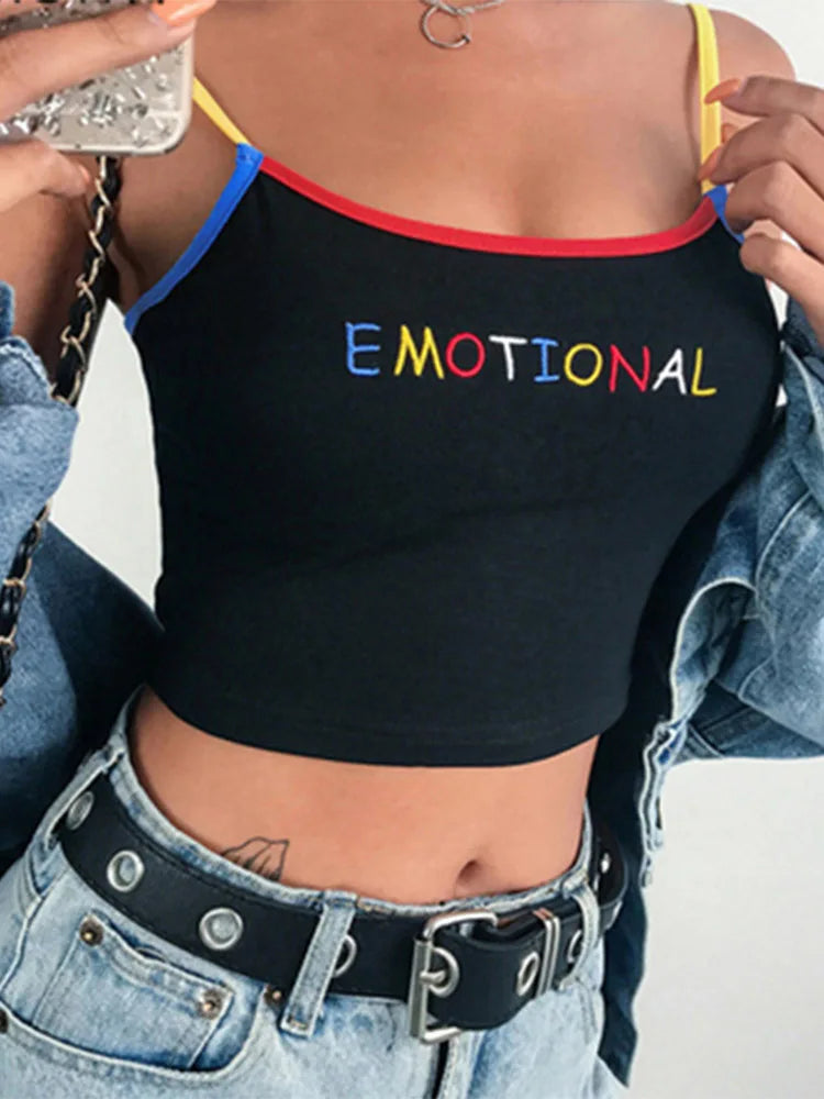 AMY - Cropped Spaghetti Strap Eomtional Letter Tank Tops Crop Top