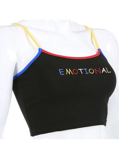 AMY - Cropped Spaghetti Strap Eomtional Letter Tank Tops Crop Top