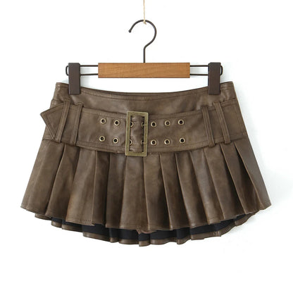 Retro Buckle Belt Low Waist Sexy Leather Pleated Mini Skirt