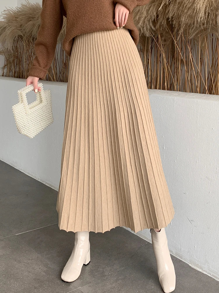 Knitted Long Maxi Casual Solid Thick Warm A-Line High Waist Ankle Length Skirt