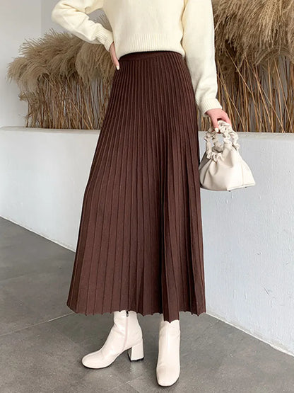 Knitted Long Maxi Casual Solid Thick Warm A-Line High Waist Ankle Length Skirt