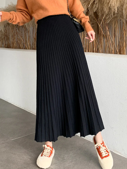 Knitted Long Maxi Casual Solid Thick Warm A-Line High Waist Ankle Length Skirt