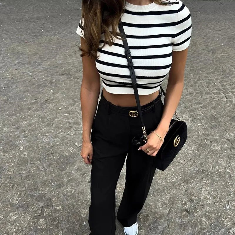 Crop Knit Striped Autumn Winter Short Sleeve Crop Top