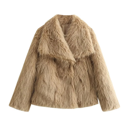 Fashion Faux Fur Cropped Autumn Winter Lapel Long Sleeve Thick Warm Chic Coat