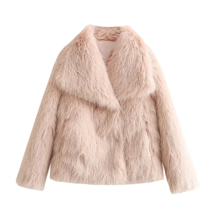 Fashion Faux Fur Cropped Autumn Winter Lapel Long Sleeve Thick Warm Chic Coat