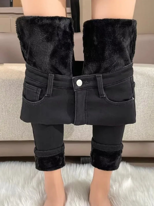 Amy Fashion - Thickened Plush High Waist Elastic Slim Pencil Winter Wool Insulation Fur Plush Jean