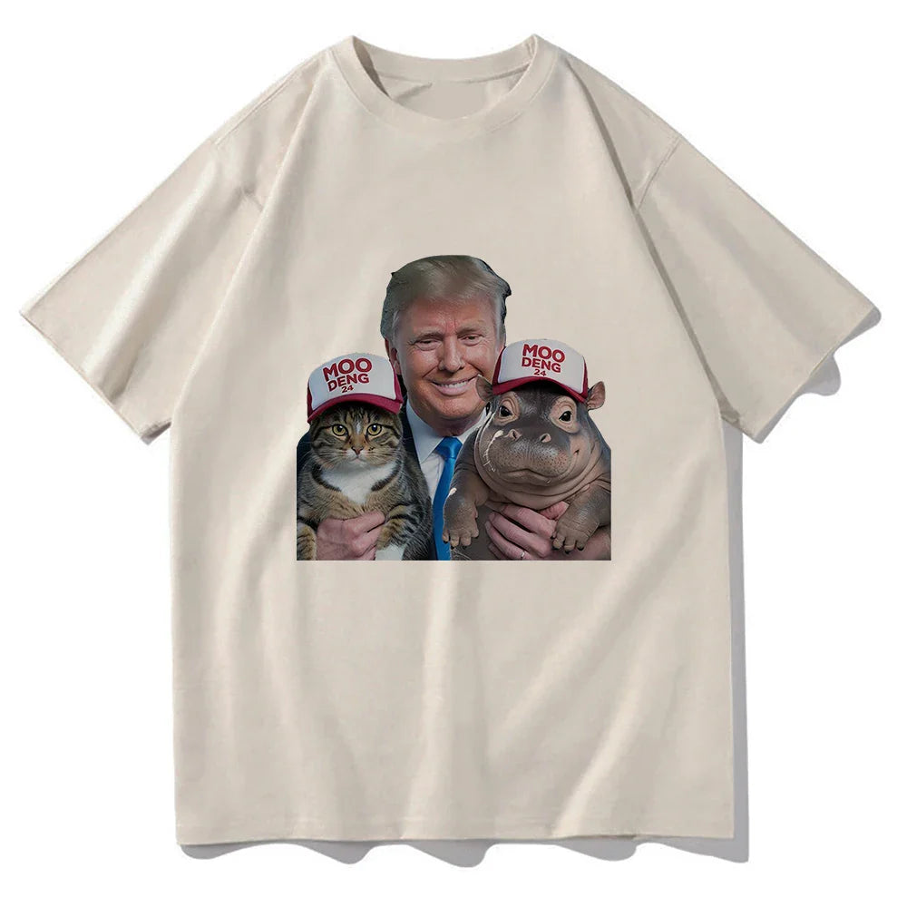 Unisex Cotton Funny Trump 24 Hippo Short Sleeve Men Women Graphic Vintage T-Shirt Moo Deng