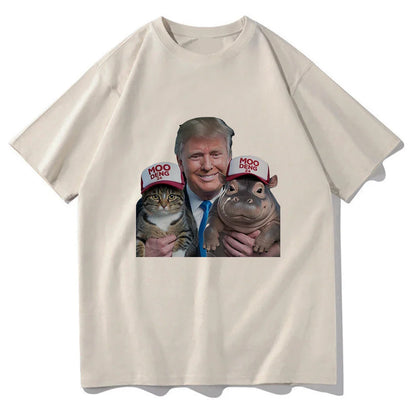 Unisex Cotton Funny Trump 24 Hippo Short Sleeve Men Women Graphic Vintage T-Shirt Moo Deng