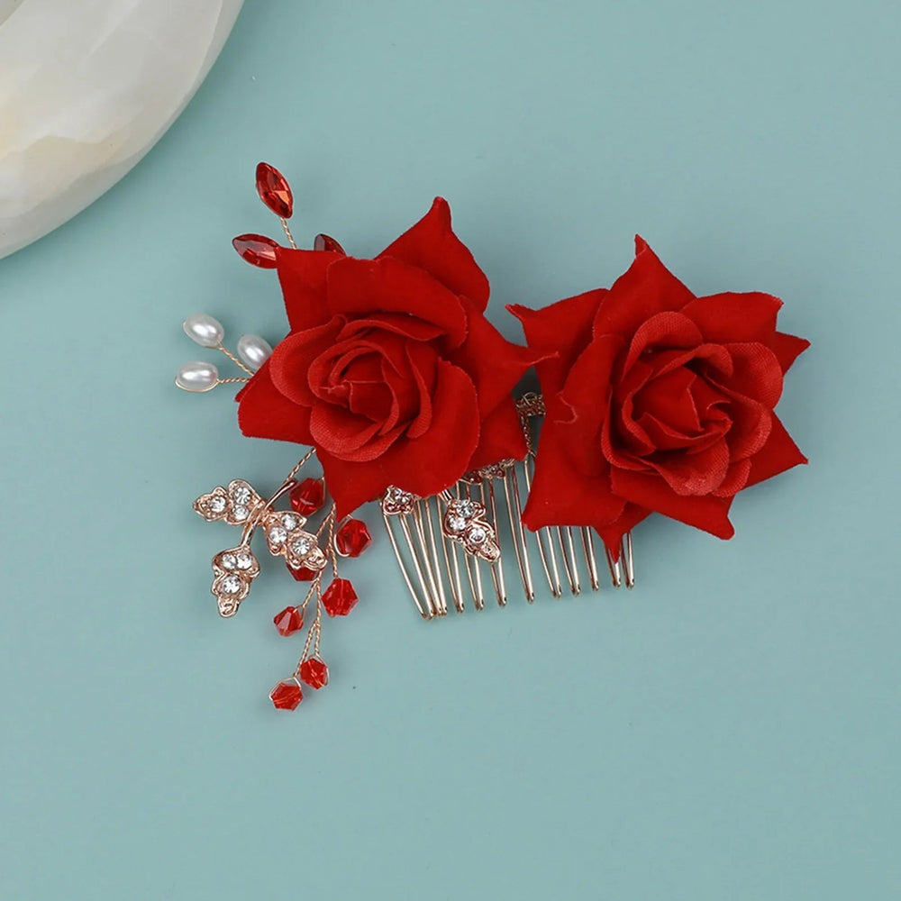 Red Wedding Rose Flower Bride Headdress Hair Accessory Red 6 Accessories-L