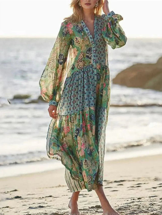 Amy Fashion - Elegant Floral Print Lantern Long Sleeve Chiffon Boho Dress