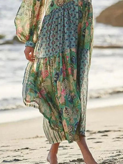 Amy Fashion - 2024 Elegant Floral Print Lantern Long Sleeve Chiffon Boho Dress