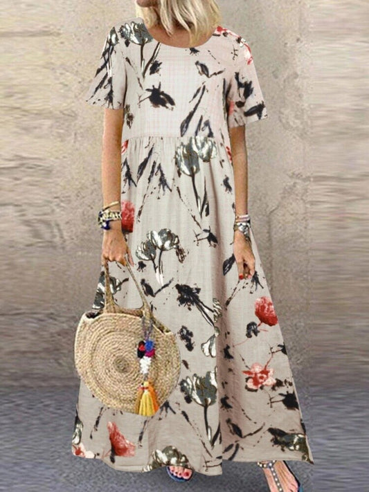 Amy Fashion - Boho Floral Print Short Sleeve O Neck Cotton Dress