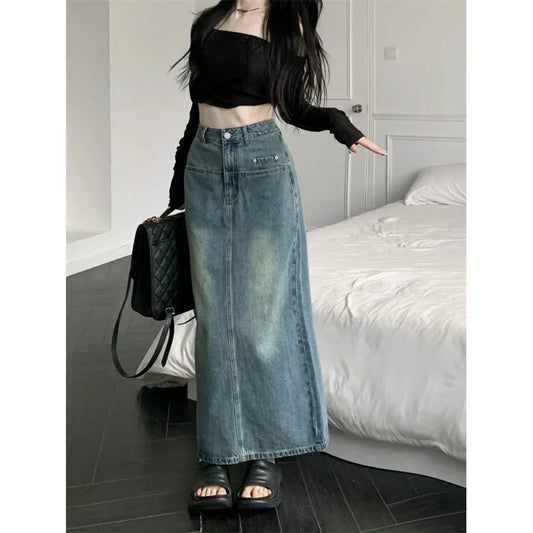 Vintage Hong Kong Style High-Waisted A-Line Denim Slit Side Design Versatile Long Skirt