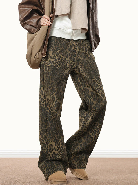 Amy Fashion - Wide Leg Leopard Print Women 2024 Y2K High Waisted Fashion Streetwear Retro Denim Baggy Casual Straight Jean