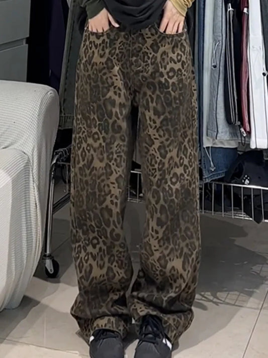Amy Fashion - Wide Leg Leopard Print Women High Waisted 2024 Y2k Fashion Streetwear Retro Denim Baggy Casual Straight Jean