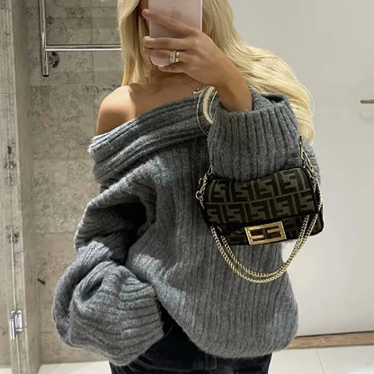 Winter Coffee Rib Knitting Ruched Slash Shoulder Pullover Women Full Sleeve Loose Thick Cozy Sweater