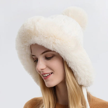 Fluffy Velvet Earflap Ski Hat with Outdoor Lining for Women