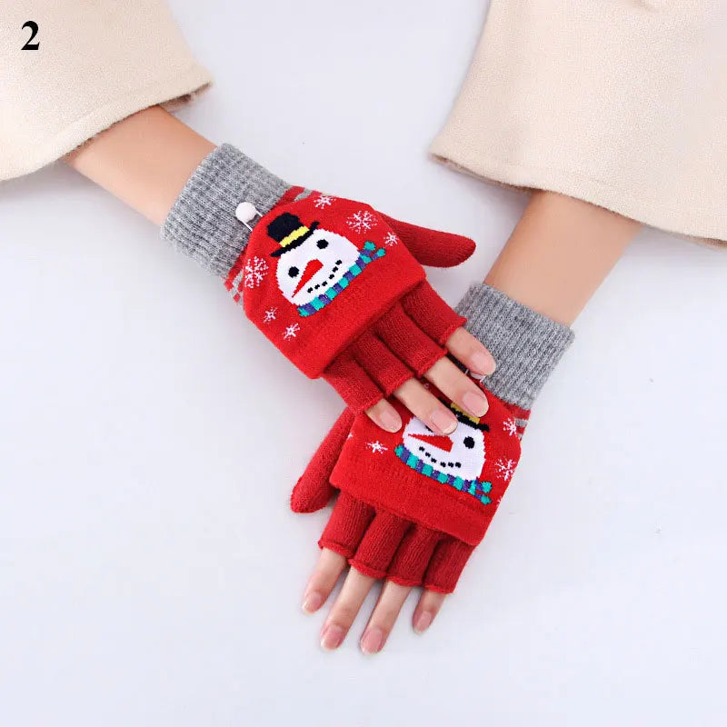 Christmas Elk Printed Knitted Flip Half Finger Winter Glove