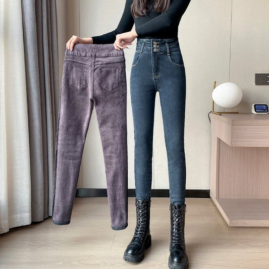 Amy Fashion - Winter Plus Velvet Warm Women Thickened High Waist Casual Slim Stretch Denim Trousers Skinny Pencil Pants Jean