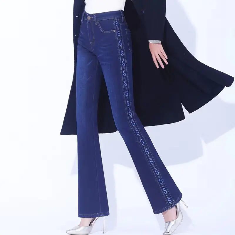 Amy Fashion - Winter Thicken Warm Stretch Woman Flare 2024 New High Waist Korean Fashion Pockets Solid Casual Slim Flared Denim Jean