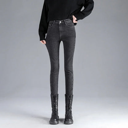 Amy Fashion - Winter Warm Thick Velvet High Skinny Slim Stretch Pencil Denim Jean