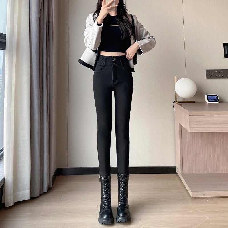 Amy Fashion - Winter Women Stretch Skinny Retro Patchwork Warm Thick Pencil Pants Slim Stretch Denim Trousers Jean