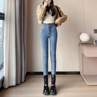 Amy Fashion - Winter Women Stretch Skinny Retro Patchwork Warm Thick Pencil Pants Slim Stretch Denim Trousers Jean