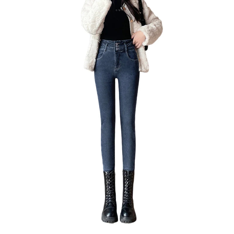 Amy Fashion - Winter Women Stretch Skinny Retro Patchwork Warm Thick Pencil Pants Slim Stretch Denim Trousers Jean