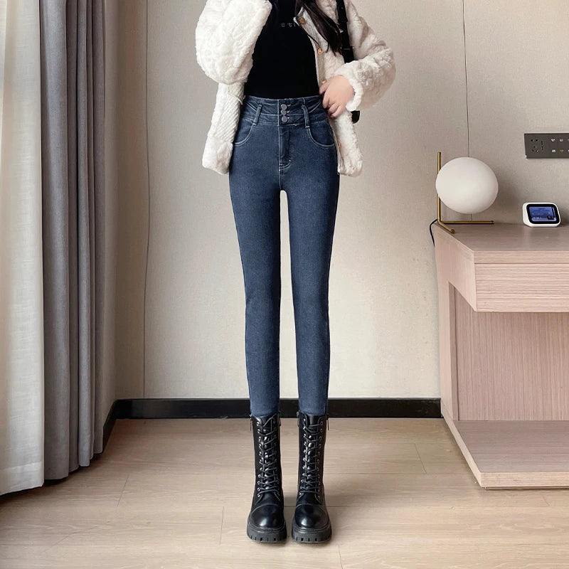 Amy Fashion - Winter Women Stretch Skinny Retro Patchwork Warm Thick Pencil Pants Slim Stretch Denim Trousers Jean