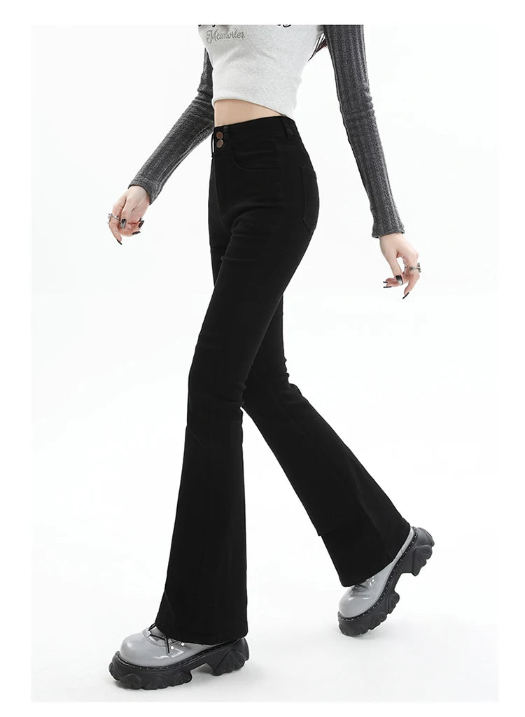 Amy Fashion - Winter Women's Plus Velvet Warm Black Flare Vintage High Waist Harajuku Streetwear Wide Leg Straight Denim Trousers Y2K Pa Jean