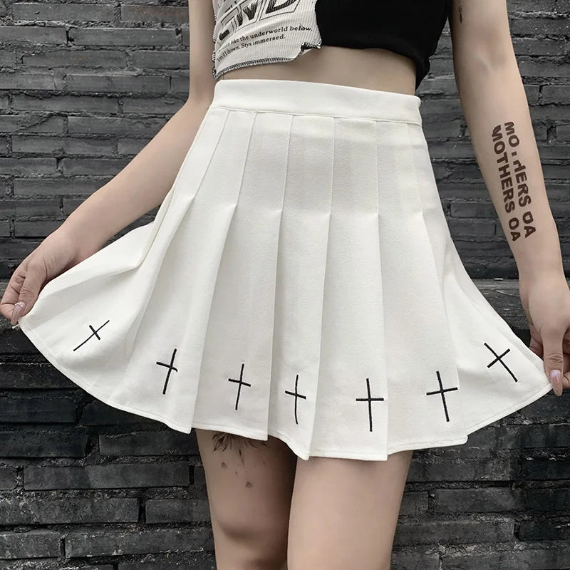 Dark Cross Pattern Style Women's Gothic High Mini Skirt Mini Ladies Waist Pleated