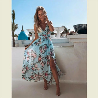 Amy Fashion - 2024 Summer Beach Party Sleeveless V-Neck Floral Long Boho Dress