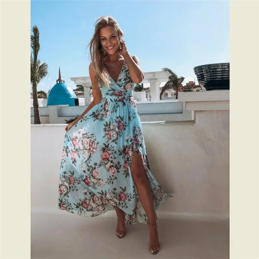 Amy Fashion - Summer Beach Party Sleeveless V-Neck Floral Long Boho Dress