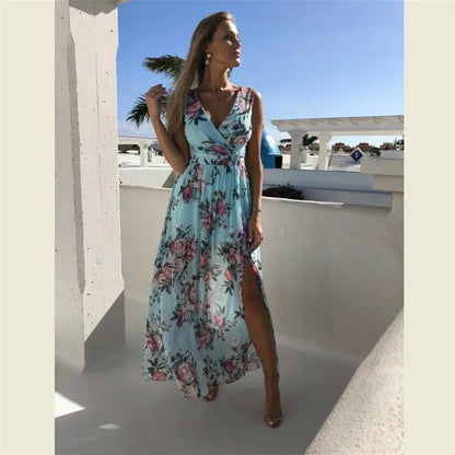 Amy Fashion - 2024 Summer Beach Party Sleeveless V-Neck Floral Long Boho Dress