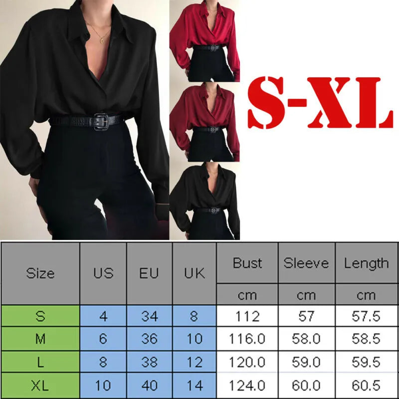 Spring Satin Red Lantern Sleeve V-neck Elegant Blouse