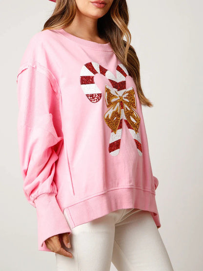 Sequin Candy Cane Oversized Side Slit Sparkly Pullover Hoodie - Christmas Holiday Theme