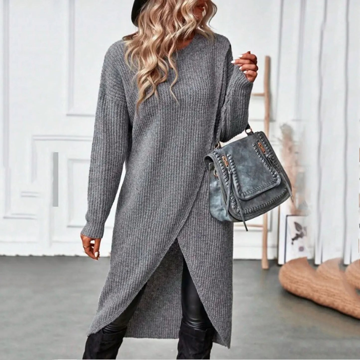 Commute Long Knit Coat Fashion Solid Midi Knitwear Warm Lady Vintage Harajuku Pullover Loose Slit Elegant Midi Dress