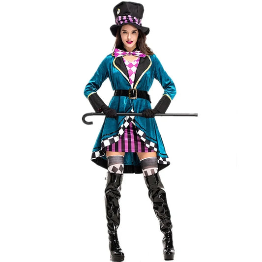 Magic Costume Tuxedo Dress Halloween Cosplay Mad Hatter Women Fancy Carnival Show