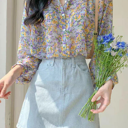 Elegant Floral Elegant Long-Sleeve Korean Chic Retro Top Blouse
