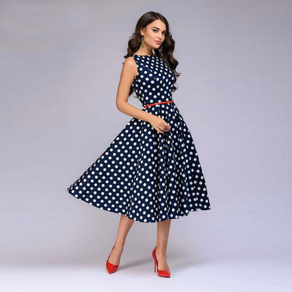 Amy Fashion - Elegant Polka Dot Print Flared Sleeveless Dress