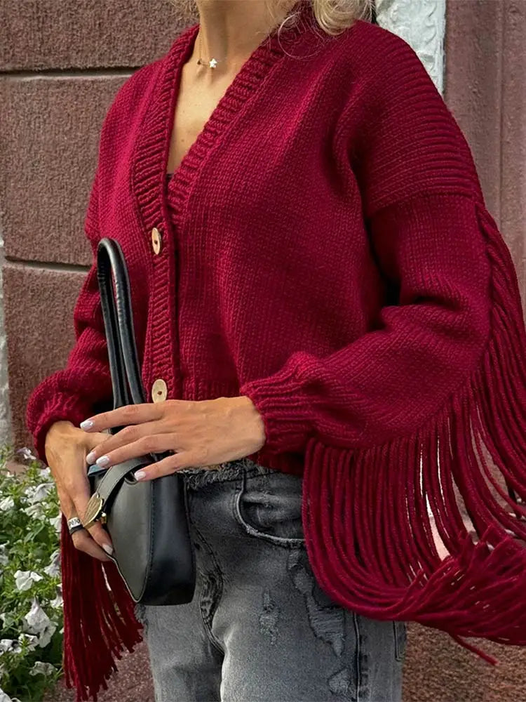 Tassels Patchwork Wine Red Knitted Cardigan Christmas Sweater