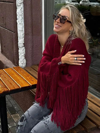 Tassels Patchwork Wine Red Knitted Cardigan Christmas Sweater